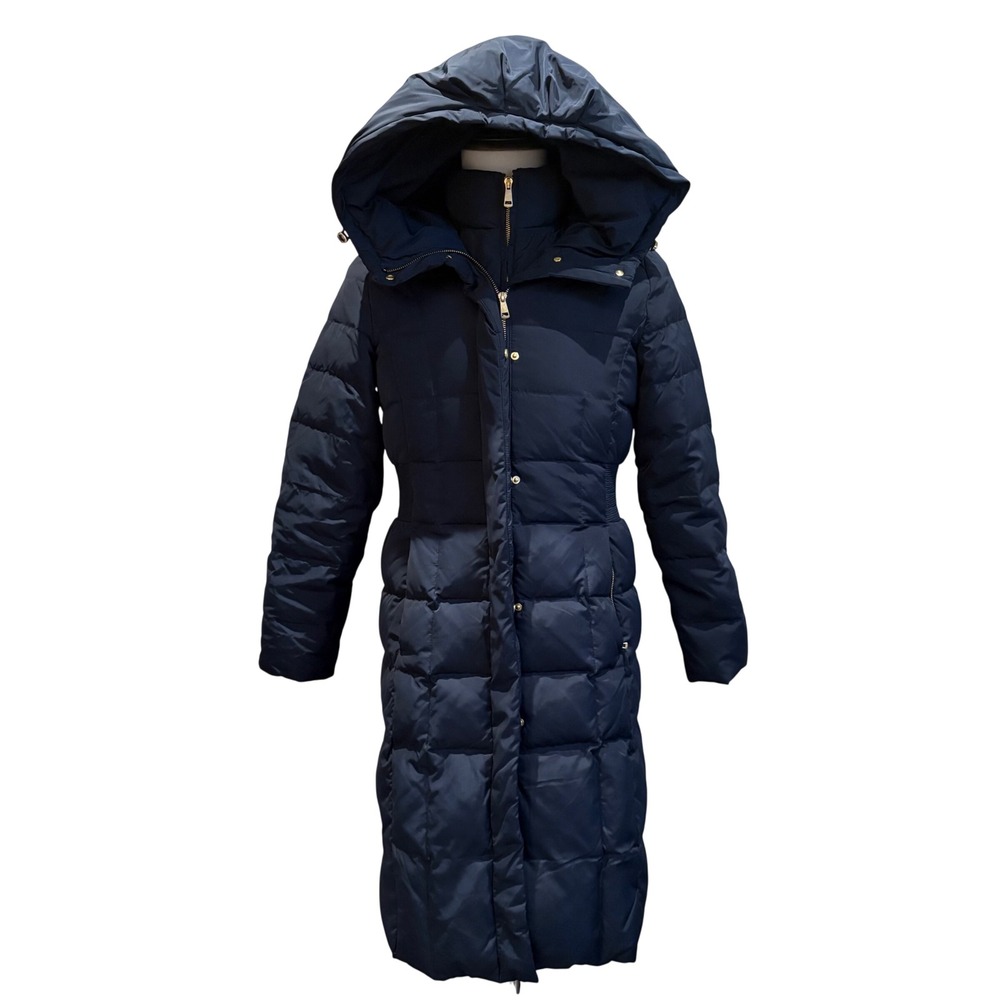 Cole Haan Signature Puffer Coat Womens Small Navy Blue Long Down Parka Hooded
